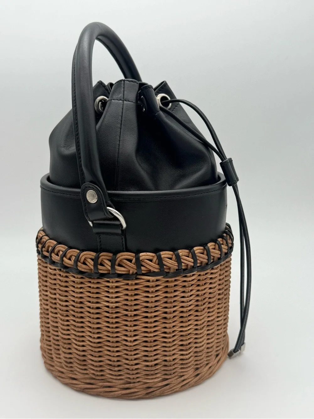 Saint Laurent Black & Tan Wicker Bucket Bag - Picture 2 of 16